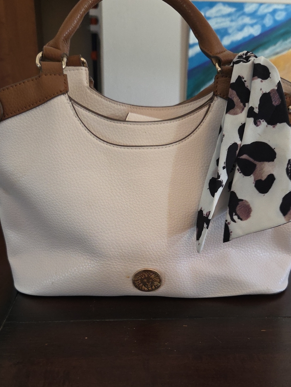 Anne Klein Cream Tote with Tan Handles and Patterned Scarf